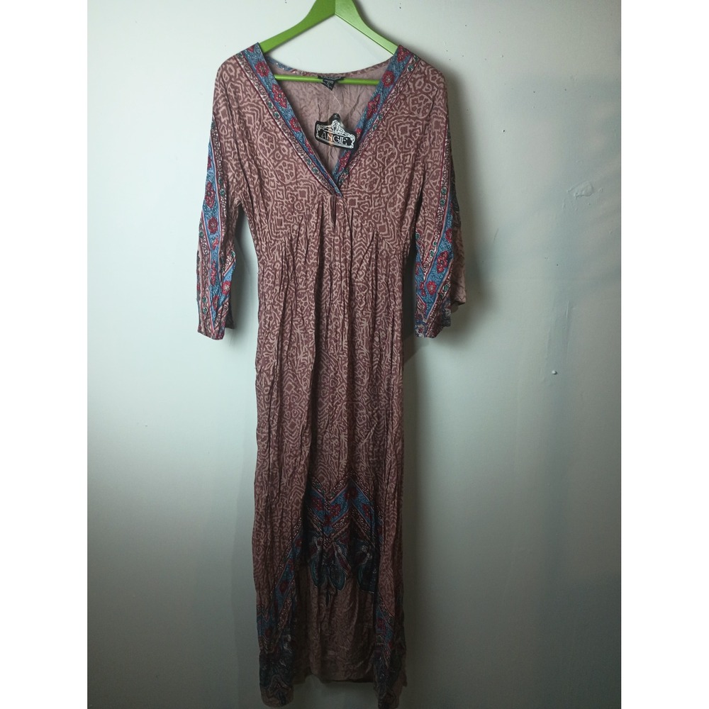 Angie Boho Maxi Dress Mauve Paisley Bell Sleeve V-Neck Rayon NWT Large